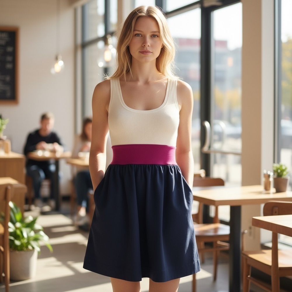 Express Cream Tank Dress with Magenta Waistband and Navy Skirt